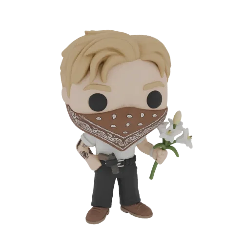 3D модель персонажа в стиле Funko Pop со светлыми волосами, в коричневой бандане, держащая белые цветы, с пистолетом на бедре