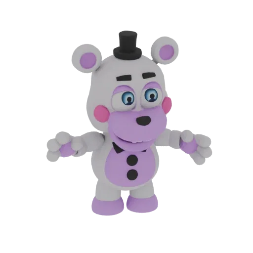 3D модель Helpy Foxy, бело-фиолетовый медведь в черном цилиндре и фиолетовой бабочке, с раскинутыми руками.