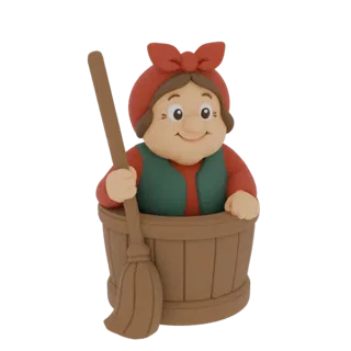 3D-модель мультяшной старушки в красном платке и зеленом жилете, держащей метлу и выглядывающей из деревянной бочки.