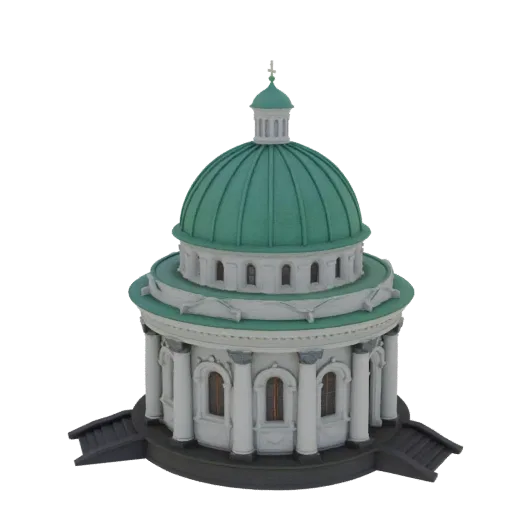 3D модель ротонды с зеленым куполом и белыми колоннами, стоящая на постаменте с лестницами.