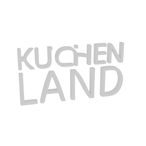 3D-модель текстового логотипа 'Kuchen Land' с жирными, приподнятыми буквами светло-серого цвета на черном фоне.