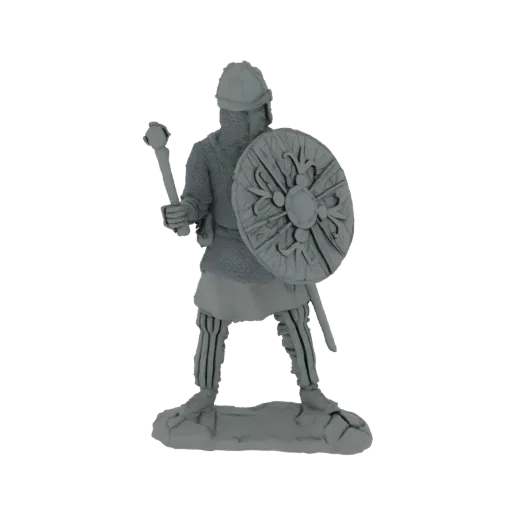 3D модель средневекового воина с булавой и щитом, в кольчуге и шлеме, стоящего на текстурированной подставке.