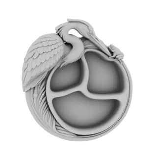 3D model render of an Art Nouveau decorative tray with a heron and frog, featuring three compartments and organic, flowing de