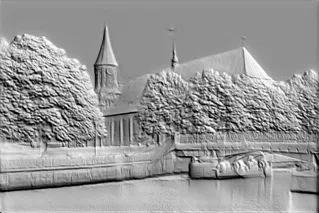 3D барельеф собора с рекой, деревьями и мостом, выполненный в сером цвете, с высокой детализацией текстур.