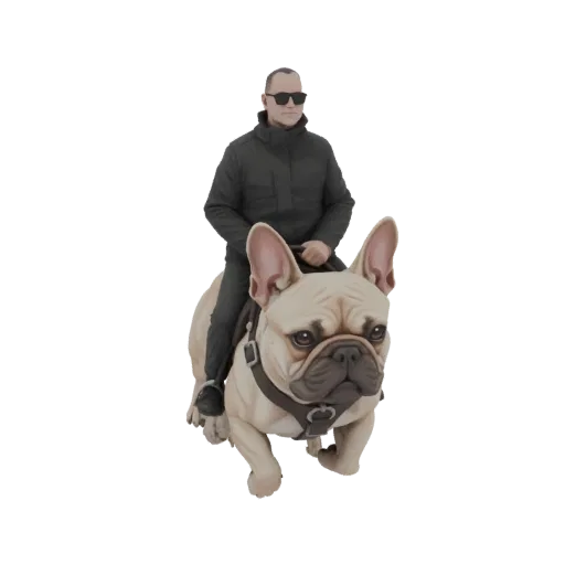 3D модель мужчины в черной куртке верхом на французском бульдоге, вид спереди.