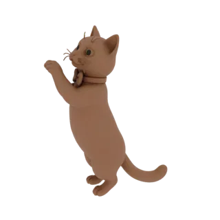 3D модель милого коричневого кота, стоящего на задних лапах, одетого в галстук-бабочку, на белом фоне.