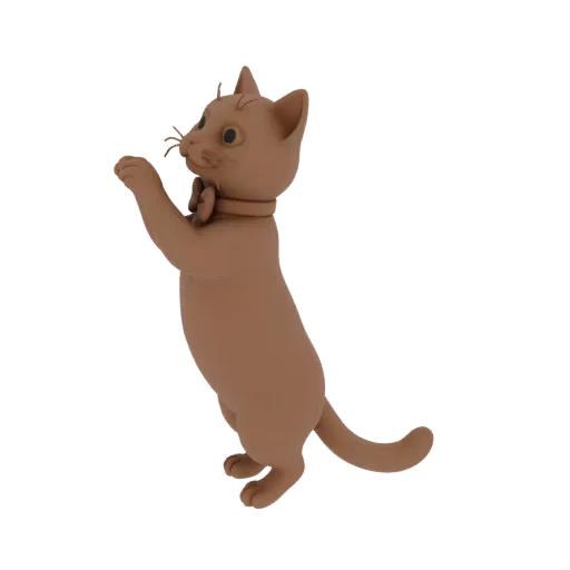 3D модель милого коричневого кота, стоящего на задних лапах, одетого в галстук-бабочку, на белом фоне.