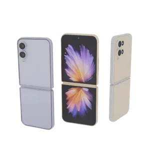 3D модель смартфона Samsung Z Flip, показанная с разных ракурсов, с открытым и закрытым экраном.