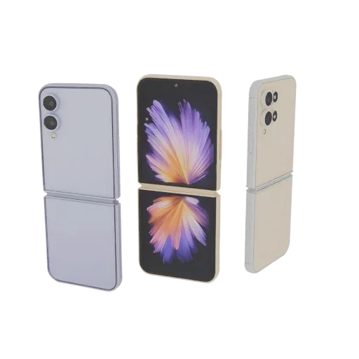 3D модель смартфона Samsung Z Flip, показанная с разных ракурсов, с открытым и закрытым экраном.
