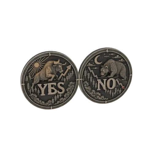 3D модель двух старинных монет, одна с быком и 'YES', другая с медведем и 'NO', с графиками фондового рынка.