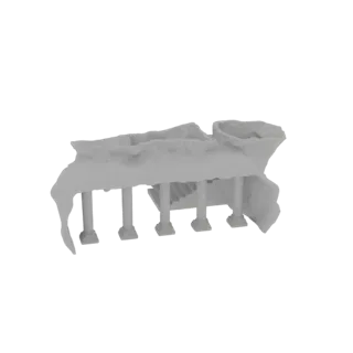 3D модель древних руин храма с выветренными каменными колоннами, величественной лестницей и частично обрушившейся крышей на б