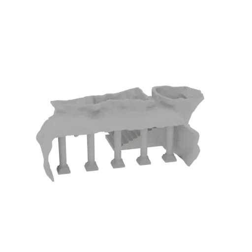 3D модель древних руин храма с выветренными каменными колоннами, величественной лестницей и частично обрушившейся крышей на б