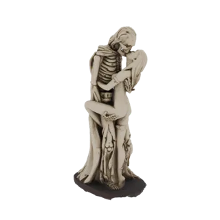 3D model of a male and female skeleton embracing and kissing, with detailed bone structure and a stone-like texture.