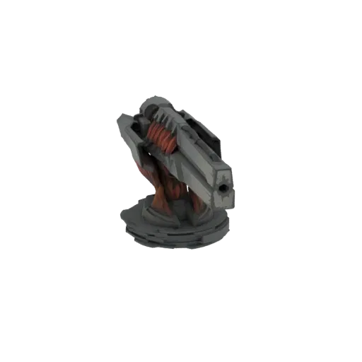3D модель космической турели с угловатой серой обшивкой и светящимся красным энергетическим ядром, установленная на круглой б