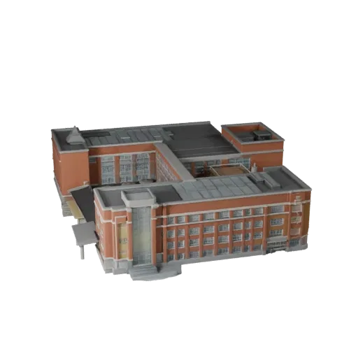 Низкополигональная 3D-модель здания университета, готовая к игре, вид снаружи, показывающий материалы общедоступного здания и