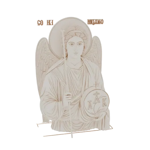 3D модель барельефа Архангела Михаила, держащего посох и щит с христианскими символами.