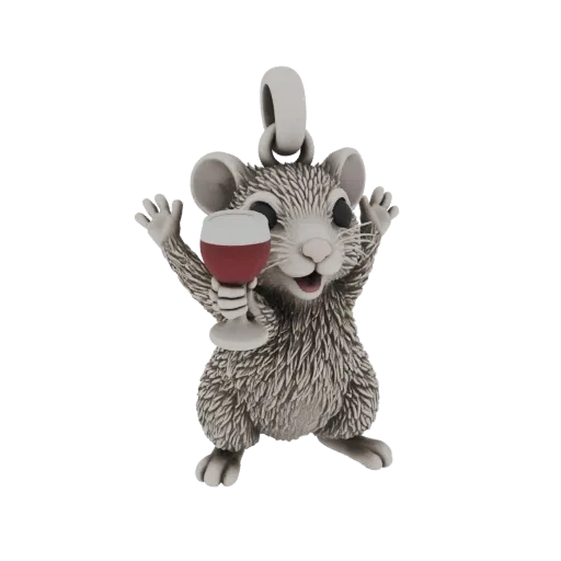 3D модель игривой мыши с детализированным мехом, держащей бокал красного вина, с петлей для крепления кулона.