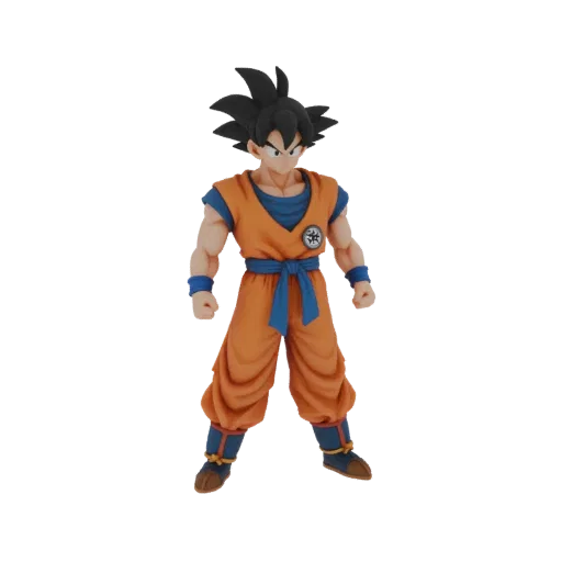 3D модель фигурки Гоку из Dragon Ball в оранжевом костюме, стоящего в боевой позе.