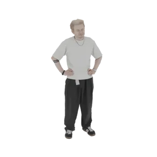 3D-модель молодого мужчины со светлыми волосами, в футболке и брюках, стоящего с руками на бедрах.