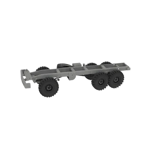 3D модель серого тяжелого 6x6 шасси грузовика с большими внедорожными шинами, вид сбоку на белом фоне.