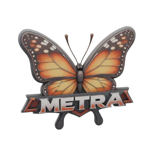 3D модель логотипа METRA с изображением бабочки монарха, выполненная в серебристо-красных тонах.