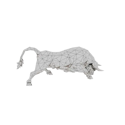 Низкополигональная 3D-модель быка с каркасным видом, в атакующей позе на белом фоне.