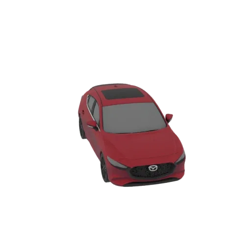 3D-рендер красного хэтчбека Mazda 3, вид с немного приподнятого передне-левого угла на белом фоне.