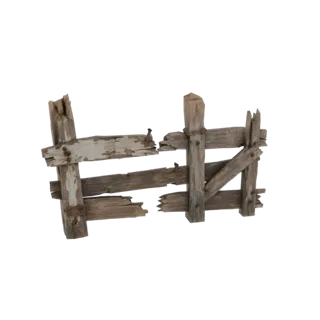 3D модель сломанного деревянного секционного забора с выветренными досками и видимыми гвоздями на белом фоне.