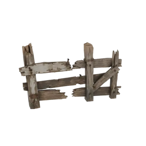 3D модель сломанного деревянного секционного забора с выветренными досками и видимыми гвоздями на белом фоне.