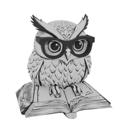 3D модель мудрой совы в черных очках, сидящей на открытой книге, в оттенках серого.