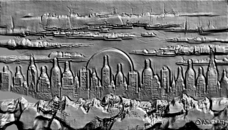 3D модель барельефа с изображением футуристического города, где здания напоминают бутылки, на фоне заката и скал.