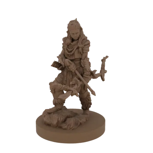 3D модель Алой из Horizon Zero Dawn с луком и стрелой на скалистом основании.