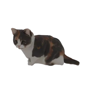 A 3D render of a calico cat crouching, with white, black, and orange fur, looking to the left.