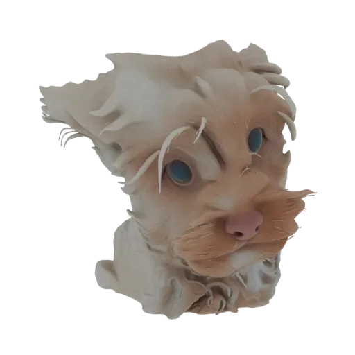 Рендер 3D-модели стилизованного Йоркширского терьера с яркими голубыми глазами и текстурированной шерстью на черном фоне.