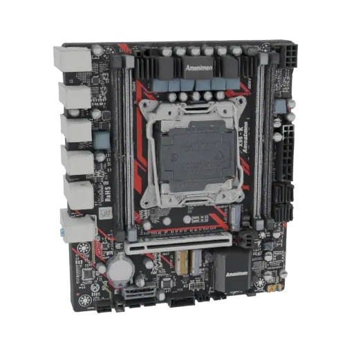Детализированная 3D модель материнской платы Amenimen X57-K, демонстрирующая сложную схему, сокет процессора и слоты RAM.