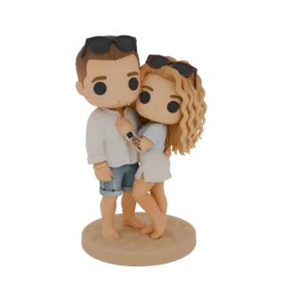 3D-модель пары, обнимающейся на пляже, в стиле фигурок Funko Pop, с солнечными очками и повседневной пляжной одеждой.
