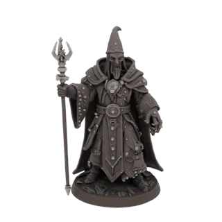 3D модель Волшебника Хаоса с посохом в стиле Warhammer Fantasy Battles, стоящего на подставке с элементами окружения.
