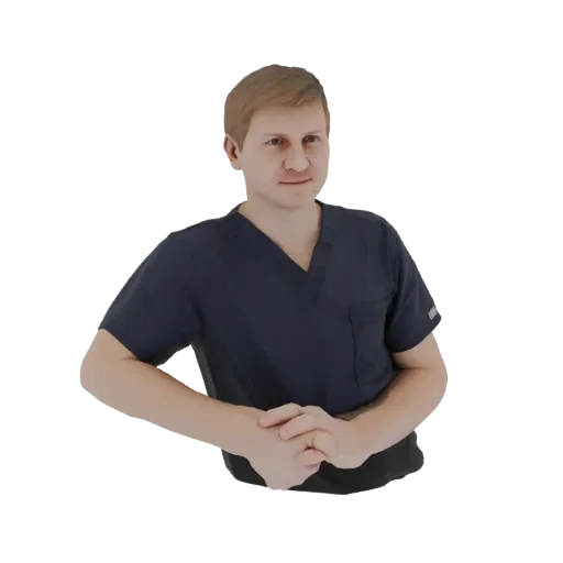 3D модель мужчины-медика со светло-каштановыми волосами, в темно-синем костюме, со сложенными руками.