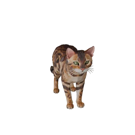 Низкополигональная 3D-модель бенгальской кошки, вид сбоку в игровой камере, низкополигональный ассет животного с кошачьей гиб