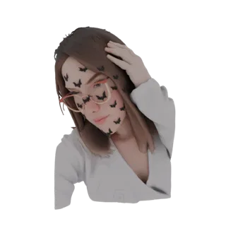3D модель молодой женщины с каштановыми волосами, в очках, украшенная черными наклейками летучей мыши на лице, в задумчивой п