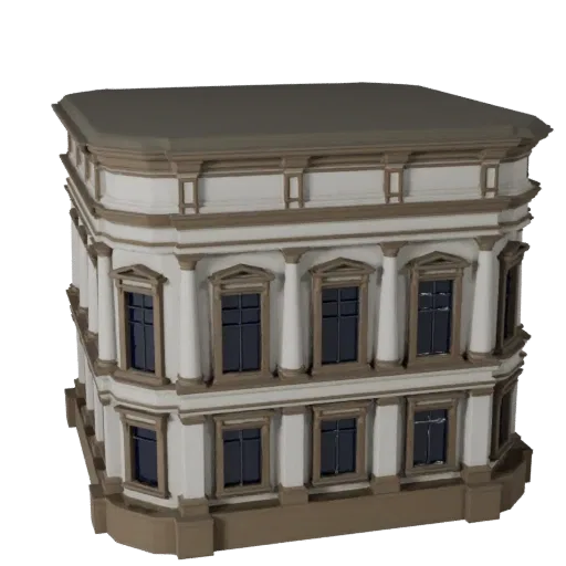 Классический фасад, низкополигональная 3D модель, готовый игровой экстерьер, показывающий материалы фасада здания и архитекту