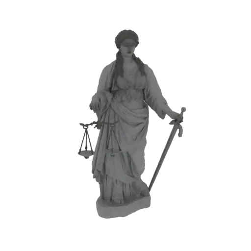 3D модель статуи Леди Юстиции, классическая скульптура с весами и мечом на белом фоне.