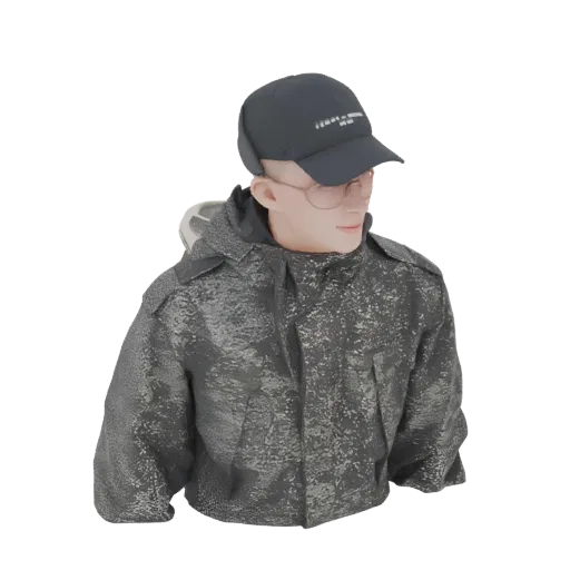 3D модель человека в серой и черной камуфляжной зимней куртке и темной бейсболке, вид с груди.