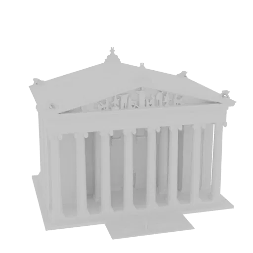 Белая 3D модель древнегреческого храма с колоннами и скульптурным фронтоном на белом фоне.