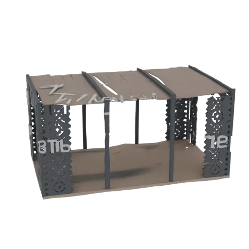 3D модель разрушенной перголы с порванной тканевой крышей и витиеватыми боковыми панелями в стиле лазерной резки на белом фон