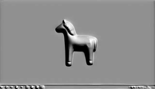 3D модель барельефа лошади в стиле медальона, выполненная в сером цвете, с четкими контурами и детализированной проработкой.