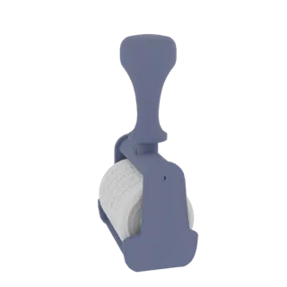 3D модель ручного роллера-штампа с синей эргономичной ручкой и роликом, на котором виден текст FIGAROTUFIGAROTAM.