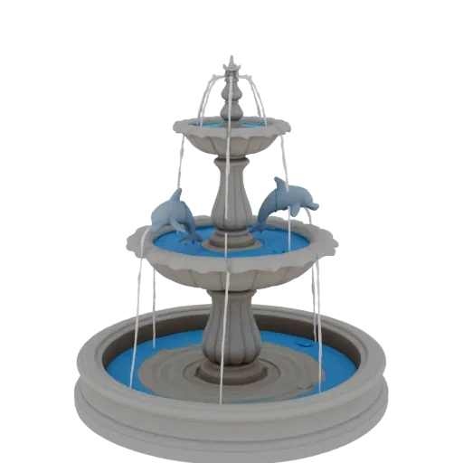 3D модель классического фонтана с тремя ярусами и двумя изящными дельфинами, из пастей которых струится вода.