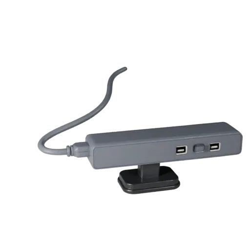 Минималистичный USB-хаб Реалистичная 3D-модель, студийный рендер в три четверти, показывающий пластиковые корпуса, настольный