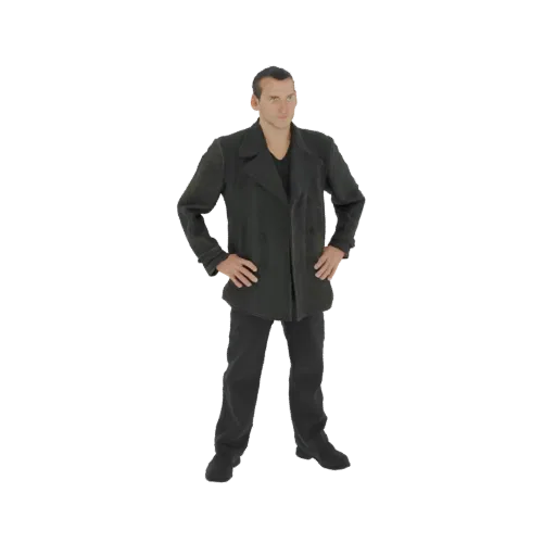 3D модель мужчины в темном тренче и брюках, стоящего с руками на бедрах.